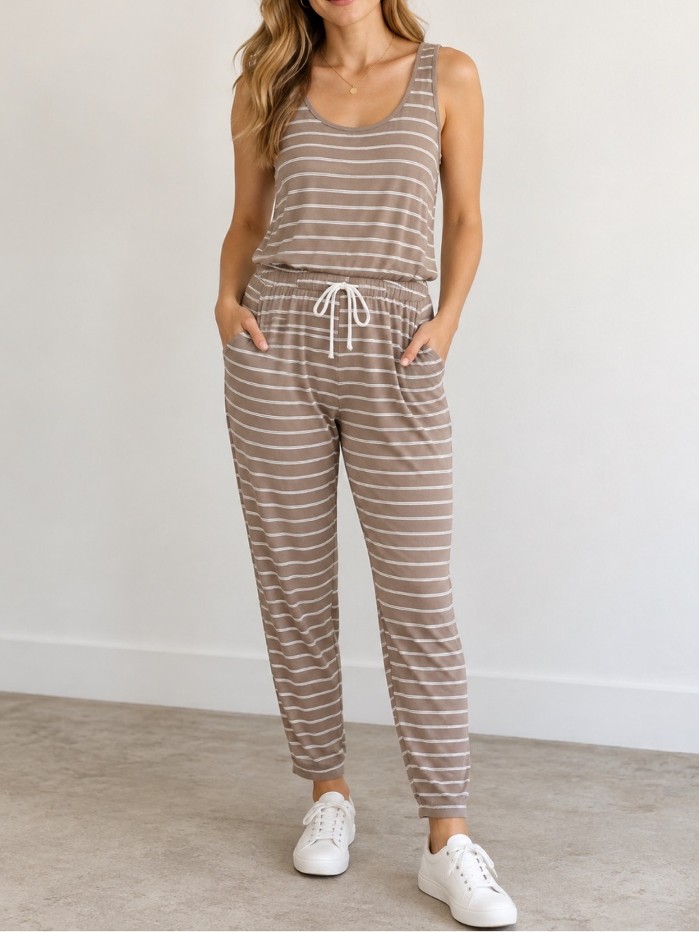 Aerie Striped French Terry Sleeveless Jogger Jumpsuit Lounge Tan Small